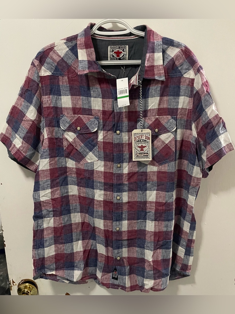 Flag & Anthem Desert Son Mens Maroon Navy White Snap Button Up Plaid Shirt Large